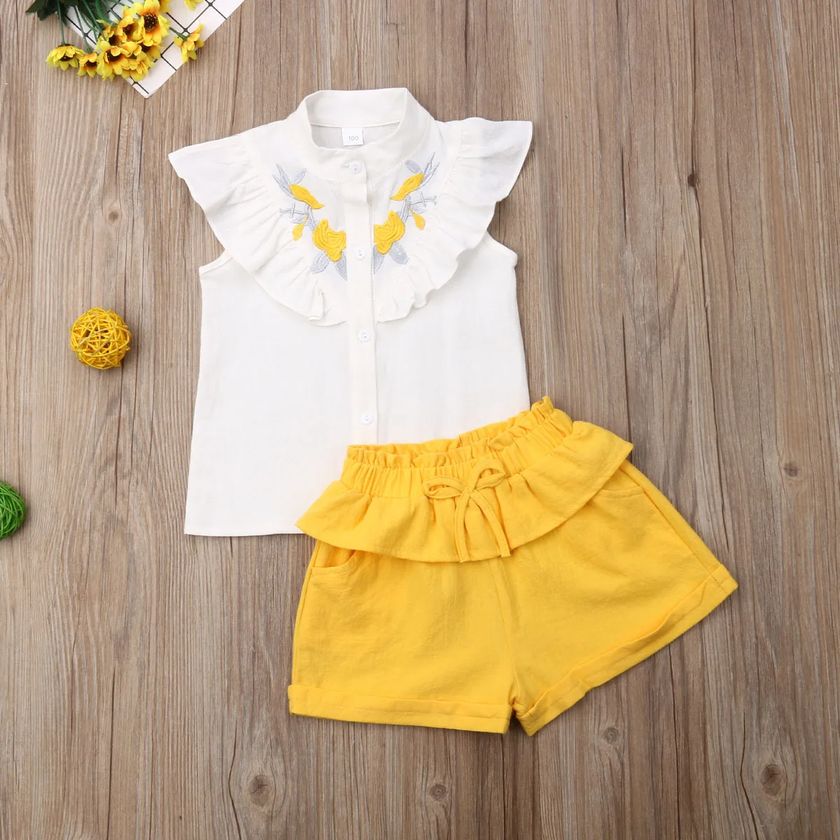 Sweet Kids Baby Girl Clothes Plain 2Pcs Sets Vest+Shorts Child Girl Outfits Flower Embroidery Ruffles Tank Tops Shorts 2-7Y