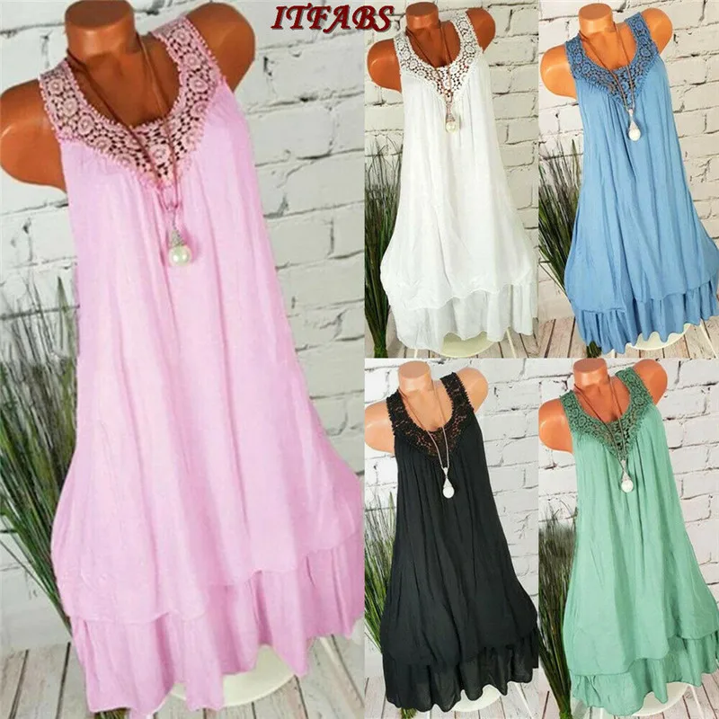 

2019 Fashion Women Summer Casual Sleeveless Lace Patchwork Ladies sleeveless Ruffles Mini Dress Party Beach dress New Arrival