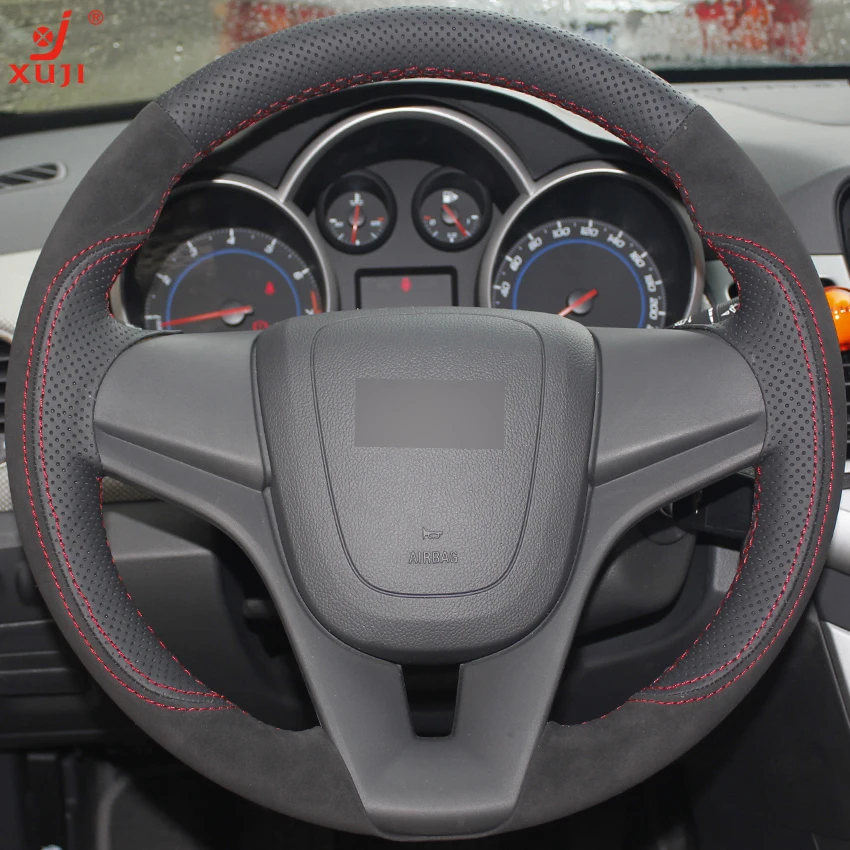 XUJI Black Genuine Leather Suede DIY Car Steering Wheel Cover for