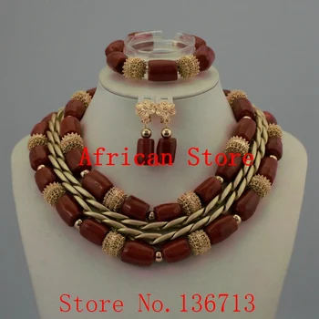

Fashion Nigerian Wedding African Beads Red Coral Beads Jewelry Set Necklace Bracelet Earrings HD351-2