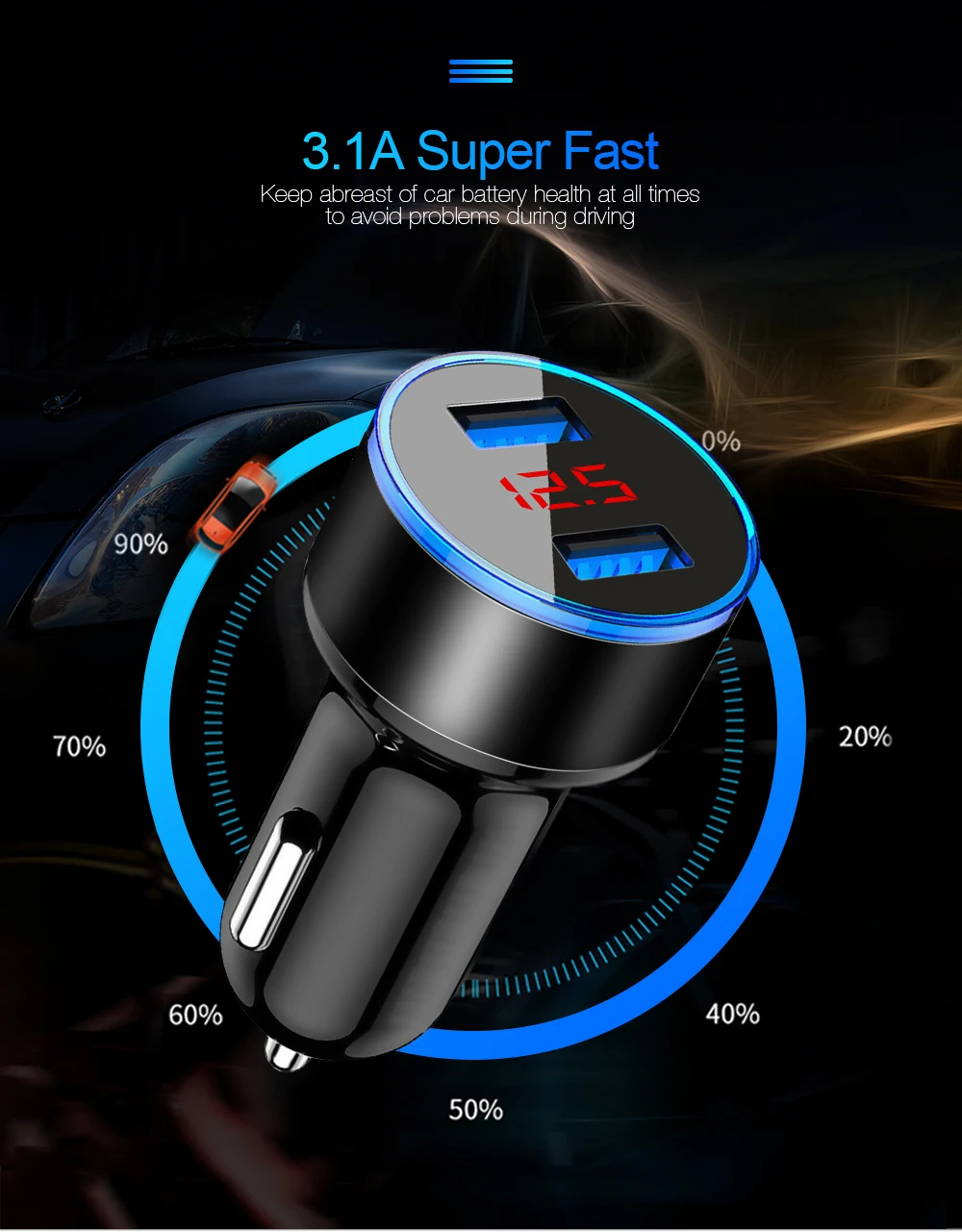 Двойной Переходник USB для зарядки в машине 3.1A цифровой светодиодный дисплей напряжения/тока Автомобильное металлическое зарядное устройство для смартфона/планшета