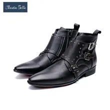 Christia Bella/корейская модная мужская обувь; ботинки; сезон осень-зима; черные кожаные ботильоны; мужские ботинки с острым носком и пряжкой; Zapatos de Hombre