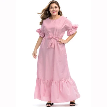 

Plus Size Abaya Muslim Dress Pink Ruffled Belt Striped Islamic Arabic Abayas Dress Pakistani Dubai Islamic Dresses 3XL-6XL