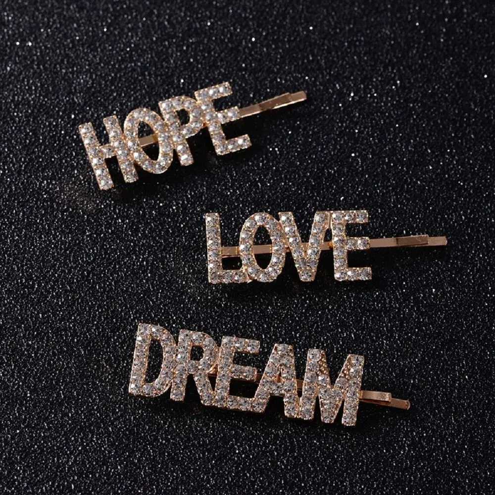

New 3 Pcs/set Pretty LOVE HOPE DREAM Crystal Rhinestone Hair Clips For Ladies Girl Crystal Hair Pins Beauty Tools Accessories