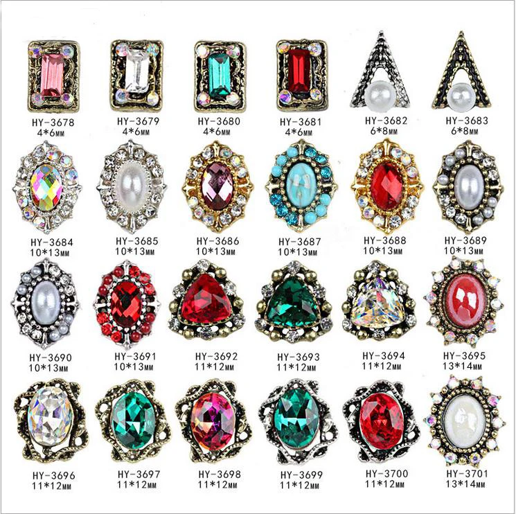 10pcs/lot, Ancient Alloy Nail Art 3d Flat Back Colorful Diamonds Pearl Jewelry Rhinestones Nail Tips Decorations