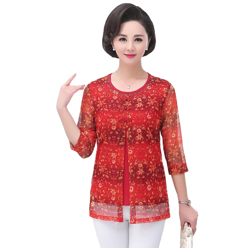 

Fake Two Pieces Top For Women Floral T Shirt 2019 Summer New Middle Age Mother Pullover O-neck Tshirts Plus Size Tee Shirt Femme
