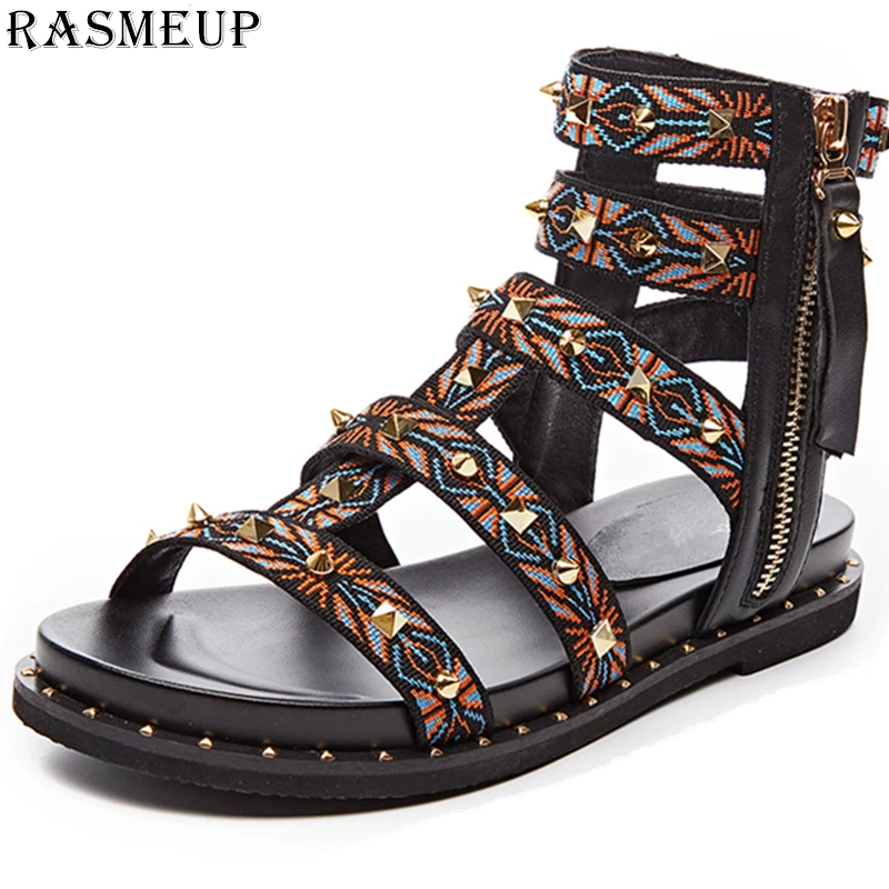 

RASMEUP Genuine Leather Rivet Gladiator Women's Flat Sandals 2019 Summer Fashion Women Zipper Beach Sandal Brand Woman Shoes