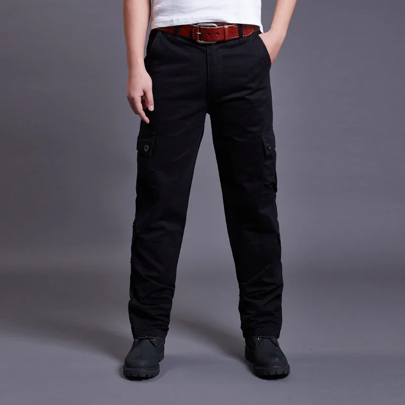  Icpans Winter Tactical Black Cargo Pants Men Loose Fit Military Style Side Pockets Army Black Denim