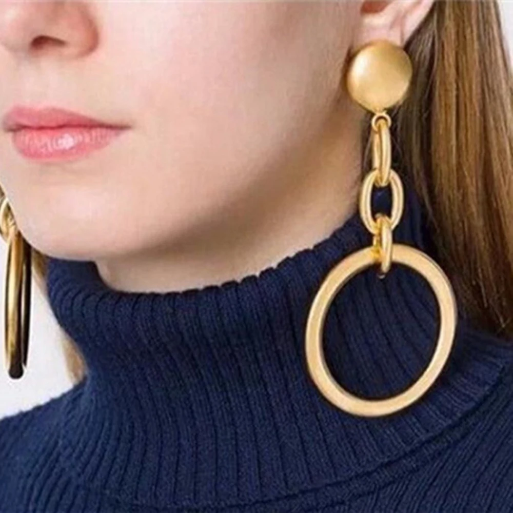 1980s Bold 18KC Позолоченные полые цепи большие круглые Висячие серьги для женщин