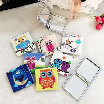 

PU+ metal Customizable Square Fashion Cartoon owl maquillaje espejo Portable pocket mirror two-sides foldable makeup mirror