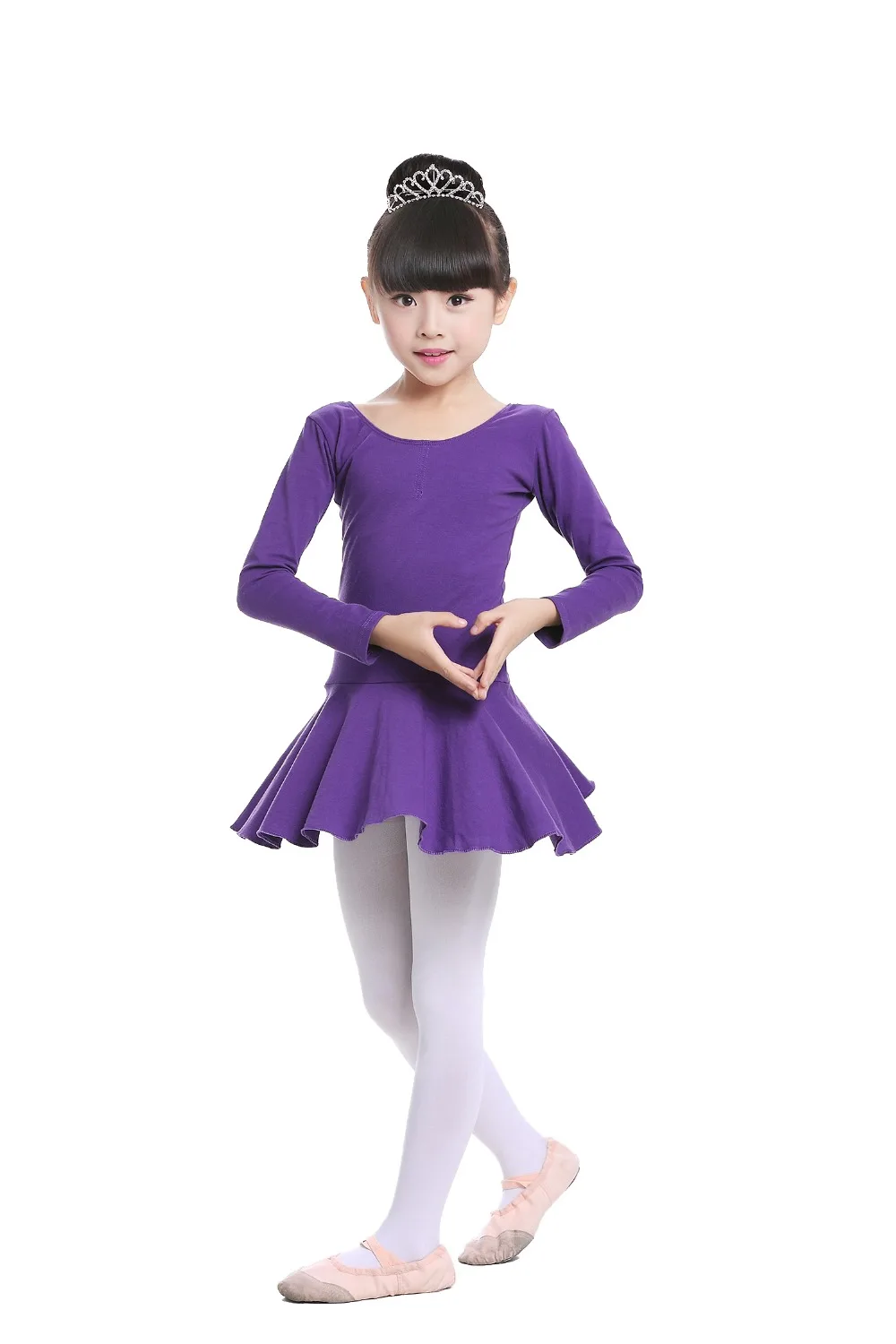 Pink Cotton Formal Ballet Dress for Girls Long Sleeves Shiny Ballet leotard for Dance Kids Gymnastics Professional Tutu Dress (20)