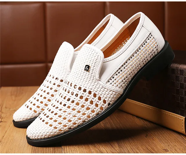 Merkmak/; Мужская обувь из плетеной кожи; летние дышащие деловые модельные туфли без застежки; Мужская мягкая Повседневная обувь; мужская обувь на плоской подошве - Цвет: White Shoes
