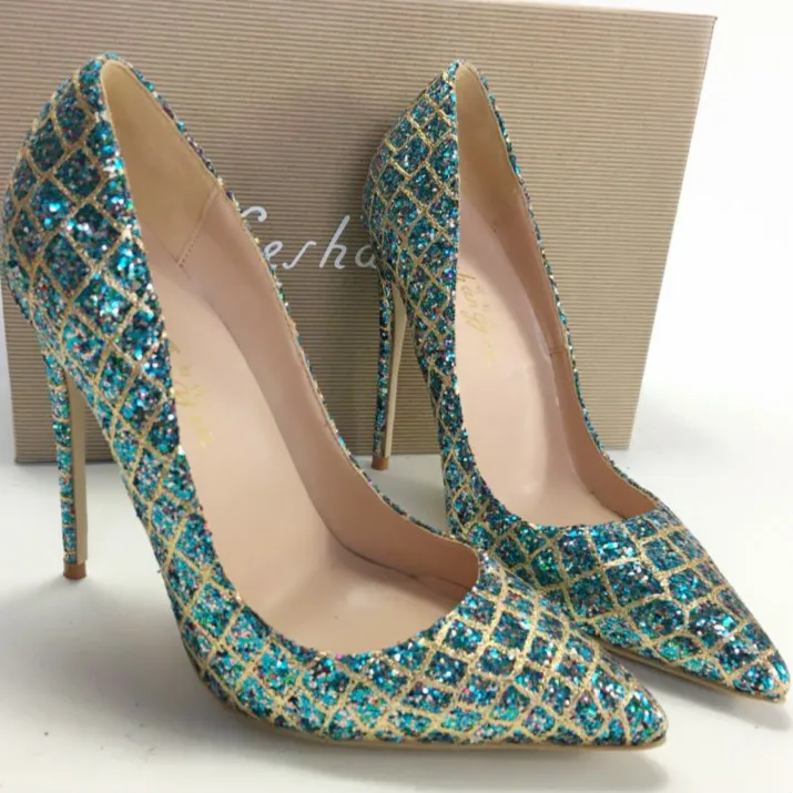 

Keshangjia Hot Sale Thin High Heels Woman Sexy Pointed Toe Pumps Green Crystal Rhinestone Lady Party Dress Shoes Pumps