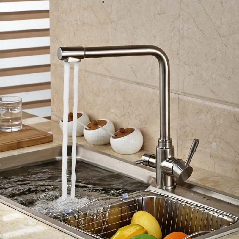Deck Mount Single Handle Dual Spout Pure Water Faucet Brushed Nickel Kitchen Sink Faucet Taps