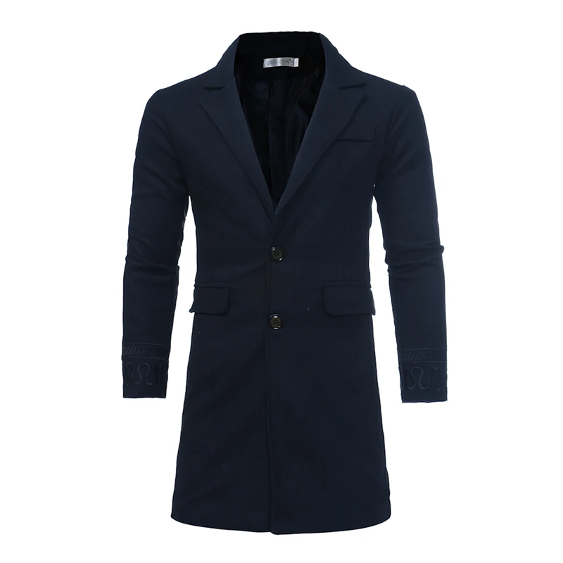 

NEGIZBER 2019 New Autumn and Winter Men's Windbreaker Solid Color Embroidery Long Coat Long-sleeved Wild Lapel Windbreaker Men