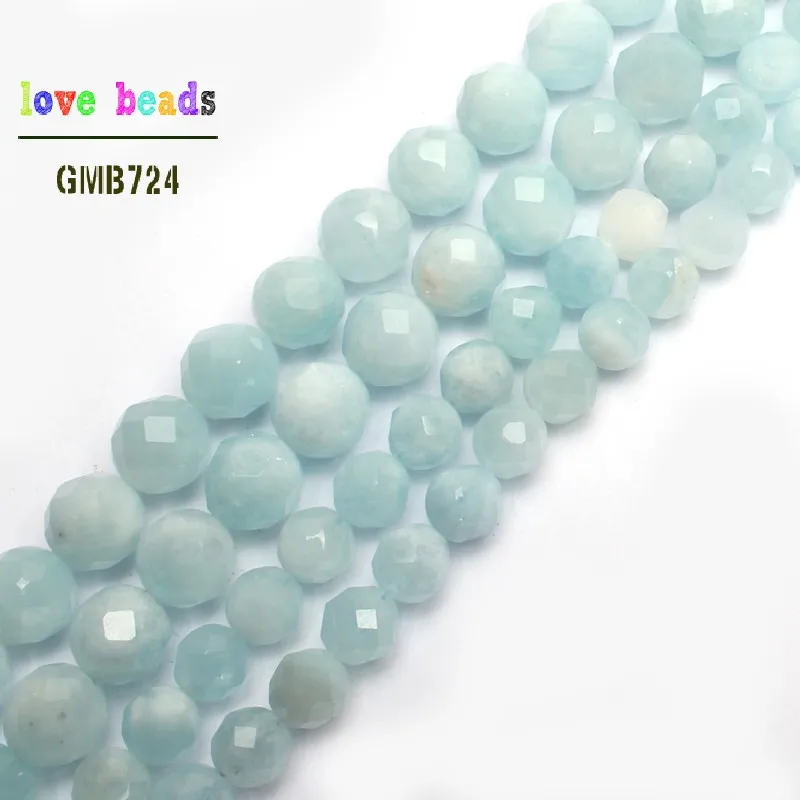 

AAA Natural Faceted Aquamarines Round Loose Beads for Jewelry Making 15inche/strand Diy Bracelet Necklace