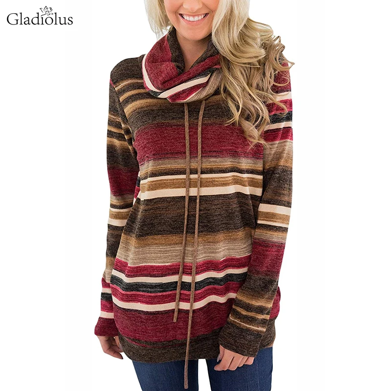 

Gladiolus 2018 Autumn Women Sweatshirt Long Sleeve Turtleneck Striped Drawstring Loose Pullovers Women Hoodie Casual Sweatshirts