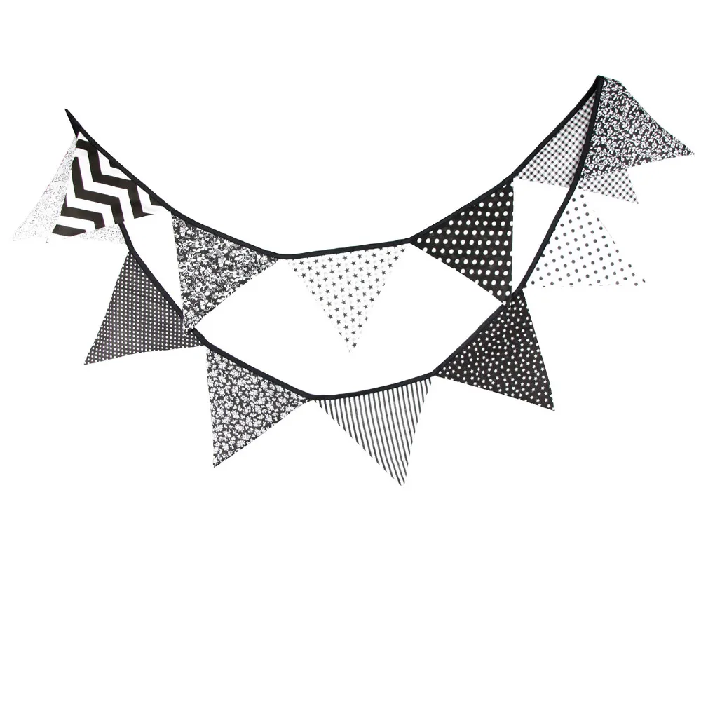 3 2m Black White Print Fabric Bunting Flags Party Decoration