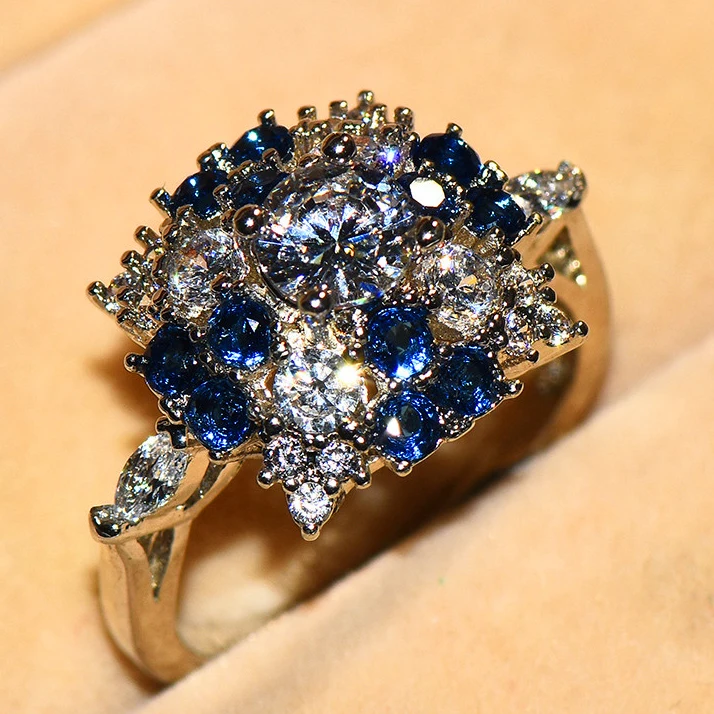 Новинка, модное женское кольцо в стиле бохо с большим кристаллом и голубым камнем, роскошное серебряное обручальное кольцо 925 пробы, винтажные обручальные кольца для женщин