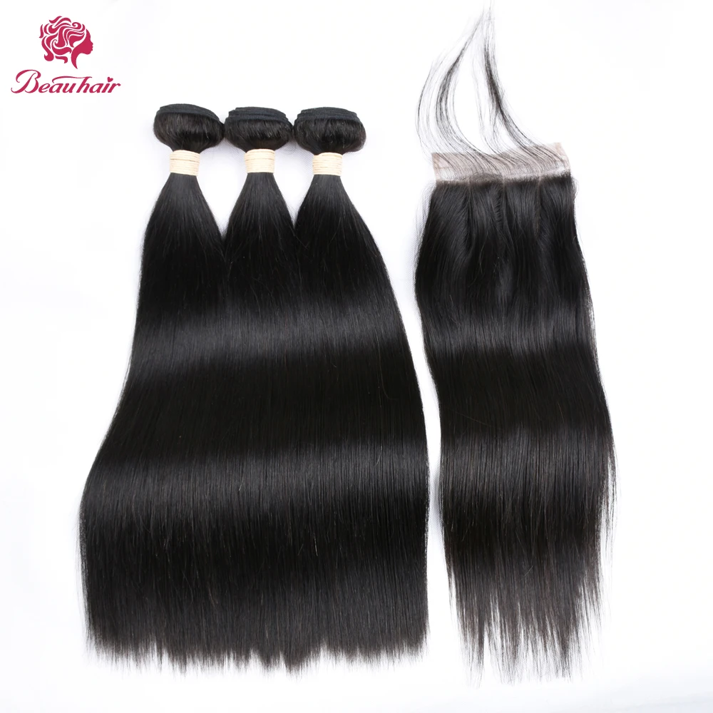 

Beau Hair Pre-Colored Human Hair 3 Bundles With Closure 4x4 Lace Closure Peruvian Hair With Closure Non-Remy Bundle Pack