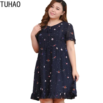 

TUHAO Vintage Print Ruffles Women Dress Plus Size 10XL 9XL 8XL Elegant Navy Office Lady Dresses Summer Dress Large Size Clothing