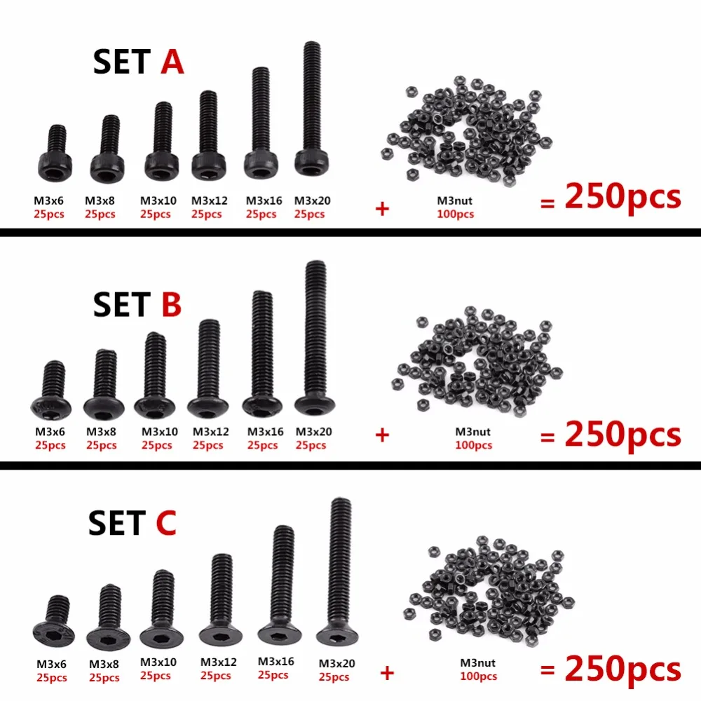 Pack of 250 Pcs M3 Black Alloy Steel Hex Socket Screws Bolt with Hex Nuts Machine Fastener Assortment Kit C: Flat Head