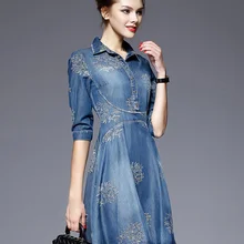 Летнее Новое Брендовое женское джинсовое платье высокого качества, винтажное платье с вышивкой размера плюс, джинсовые платья с отложным воротником и коротким рукавом