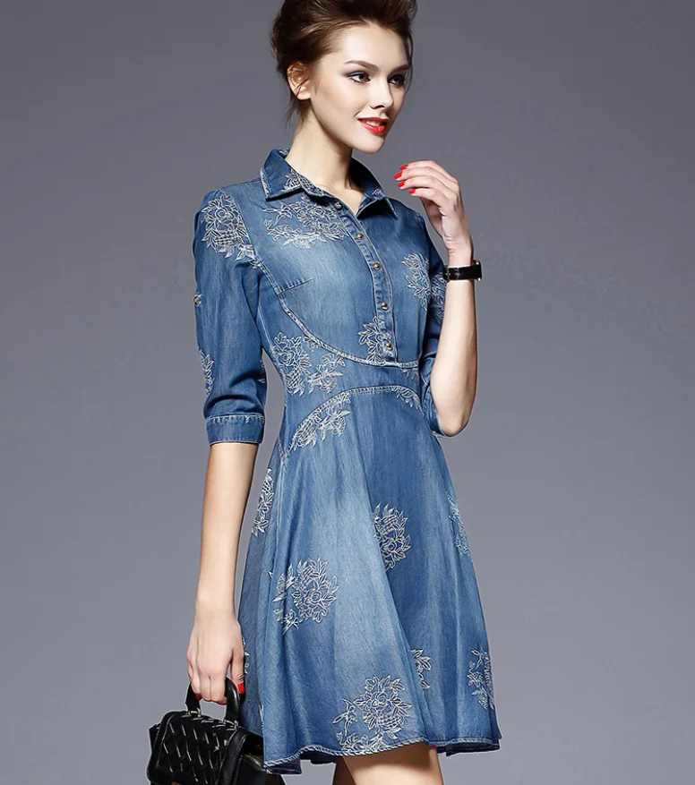 

Summer New Brand Women High Quality Jeans Dress Vintage Embroidery Plus Size Turn Down Half Sleeve Denim Dresses
