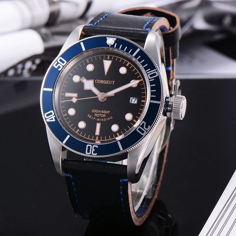 

Corgeut 41mm Mens Automatic Watch, Blue Dial Rosegold Marks Sapphire Glass Leather Strap Miyota 8215 Movement CA2010SLR