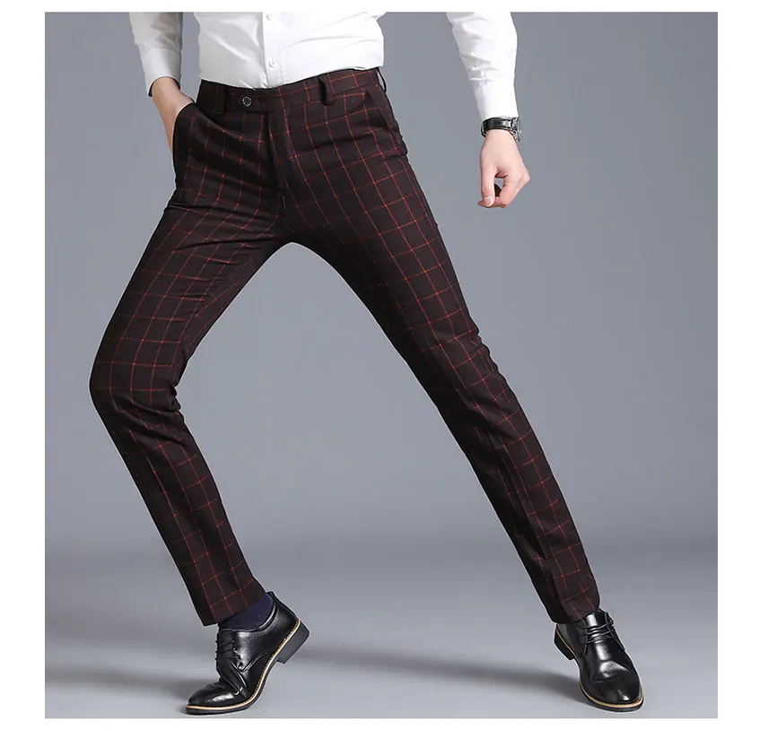 SUKWIML, мужские брюки,, мужские обтягивающие повседневные брюки, облегающие, Бизнес Стиль, мужской костюм, брюки, высокое качество, формальные клетчатые брюки для мужчин