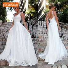 Vestidos de novia largos elegantes Boho para mujer marfil 2019 vestido de novia gongbaolage cuello en V encaje bohemio ajustado para fiesta sexy vestido de novia