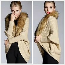 Fashion Bat Sleeve Large Fur Collar Knitted Sweaters Womens Coats 2015 Autumn Winter Ladies Sweater Cardigans Cloak Cape Poncho