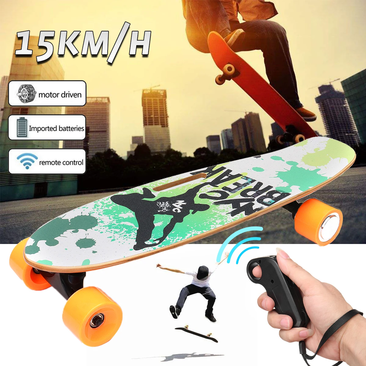 

250W Electric Skateboard Long Board 15km/h Wireless Skate Remote Control RC Skateboard NYC Pattern Outdoor Street Sport Summer