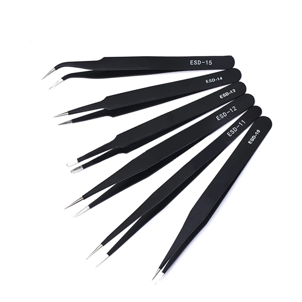 

6 Pcs Stainless Steel/Gold/Black Anti-Static Tweezers Maintenance Industrial Precision Curved Straight Tweezers Repair Tools