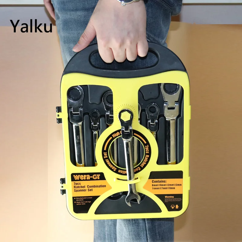 

Yalku Chromed Gear Ratchet Spanner Flexible Head Combination Ratcheting Adjustable Wrench 8-19mm 7pcs Tool Kit Ratchet Wrench