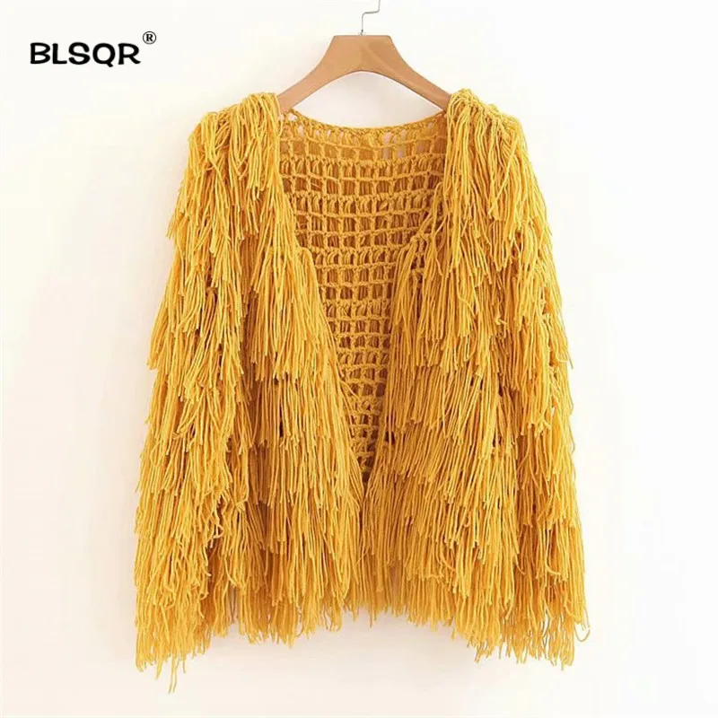 astounding  Vintage Hand knitted Hollow Out Long Tassel Cardigan Sweater Jackets Woman V neck Fringed Loose Kni