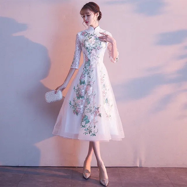 Вечерние вечернее Ципао, платье в Восточном китайском стиле, женское элегантное кружевное платье Qipao, сексуальное платье для свадьбы, выпускного, короткое платье в стиле ретро, Vestido XS-3XL - Цвет: white 1