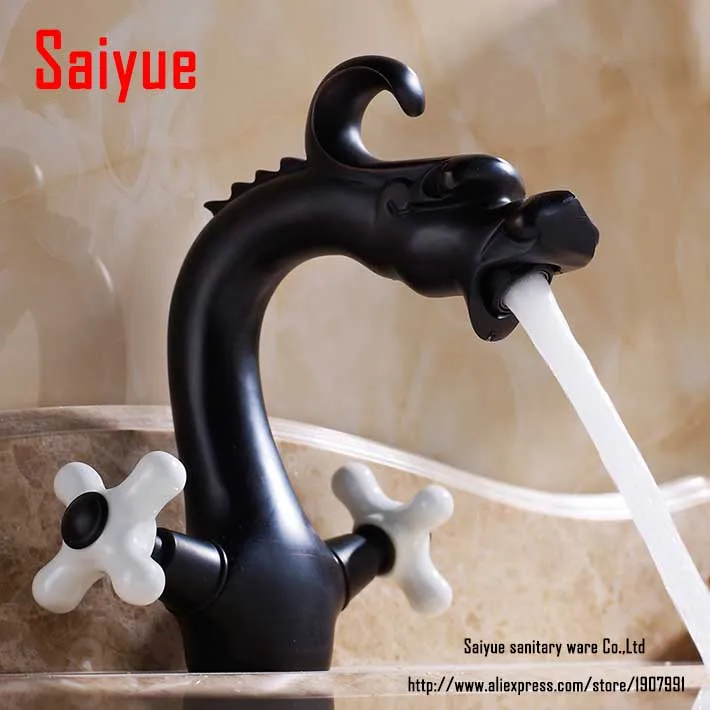 

New US Wholesale And Retail Vintage Dragon Shape Bathrom Sink Basin Faucet Oil Rubbed Bronze White Cremaic Handles