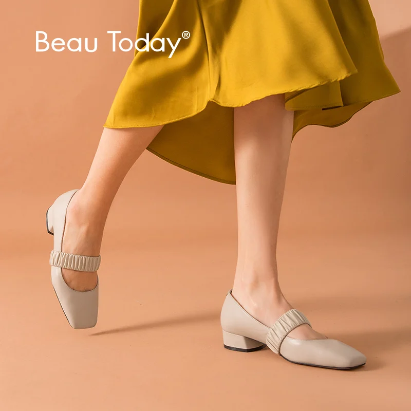 

BeauToday Women Pumps Calfskin Leather Beige Color Elastic Band Square Toe Brand New Ladies Low Heel Shoes Handmade 1820796
