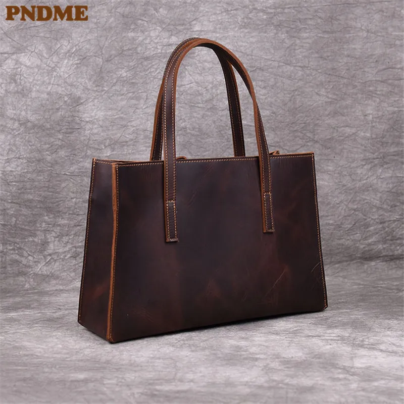  PNDME vintage handmade genuine leather ladies tote bag cowhide simple handbag fashion women's shopp