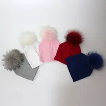 6-24months хлопок детские шапочки с натуральным меховым помпоном 5 цветов с напуском детская шапка для мальчиков и девочек