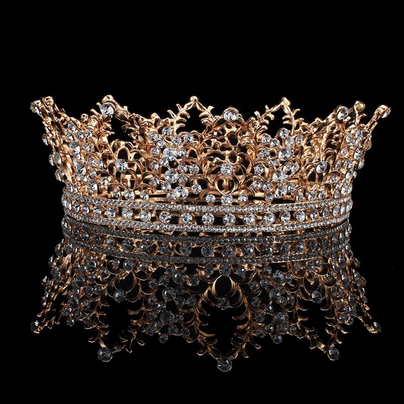 Роскошная винтажная свадебная корона с золотыми кристаллами, тиара, ювелирные изделия для волос, круглые стразы, аксессуары для волос
