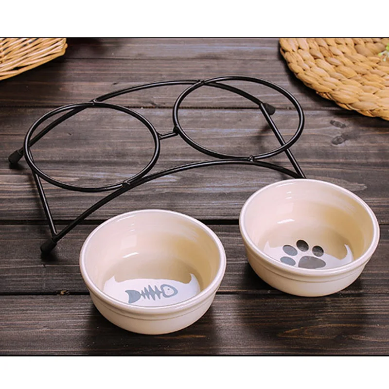 Image Double Ceramics Dog Cat Puppy Pet Bowl Print Fish and Paw Food Dish Non Slip Food Water Dual use Feeding Dish Pet Supplies