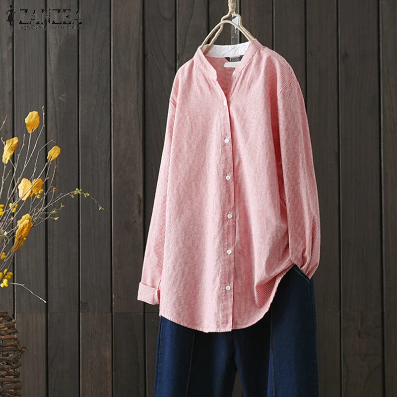 

2019 Plus Size ZANZEA Autumn Casual Women Stand Collar Long Sleeve Striped Loose Work OL Button Down Shirt Blouse Tops Blusas