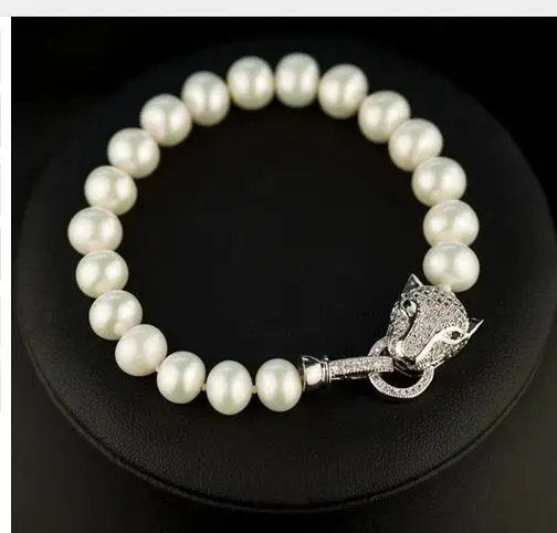 

AAA+ Jewelry 18-20CM pecial design 7.5-8'' 12mm white shell pearl inlay zircon leopard head LUXURY bracelet Chain 925 Silver