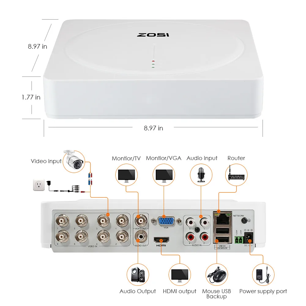 ZOSI 8CH 5MP H.265+ система камеры безопасности(2 ТБ HDD) W/8x HD 5MP(2560x1920) Наружная/внутренняя камера ночного видения