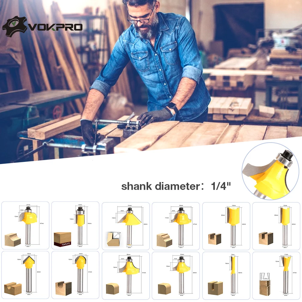 

6.35/8mm 12pcs Milling Cutter Router Bit Set Wood Cutter Carbide Shank Mill Woodworking Trimming Engraving Carving Cutting Tools