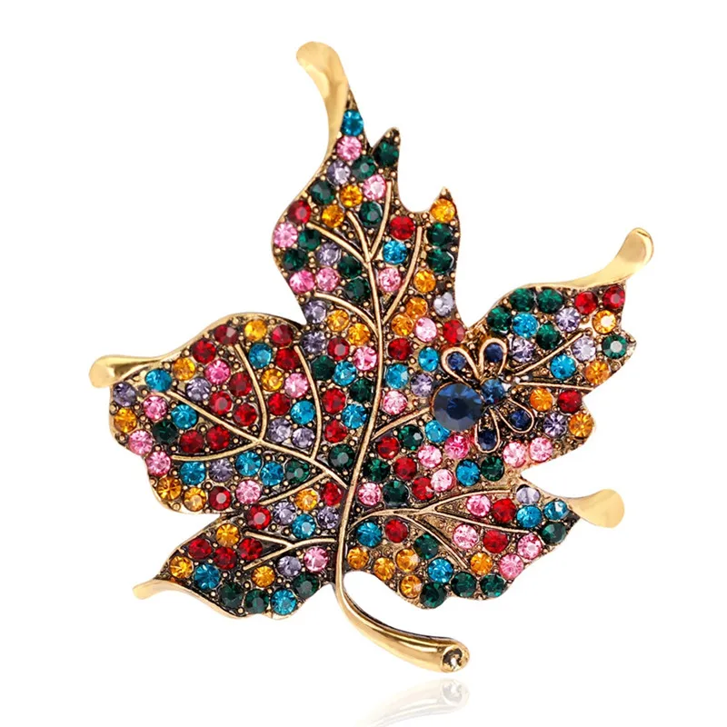 Pinksee Colorful Maple Leaf Shaped Brooch Pin for Women Wedding Rhinestone Leaves Brosche Metal Badges Creative Jewelry | Украшения и
