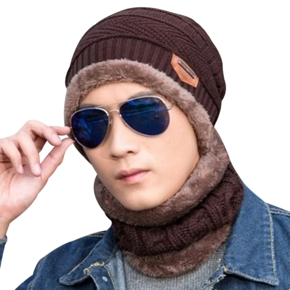 

Winter Wool Lining Thick Warm Knitted Hat Scarf Caps Beanie For Women Men Unisex Crochet Fleece Skullies Baggy Bonnet Muts