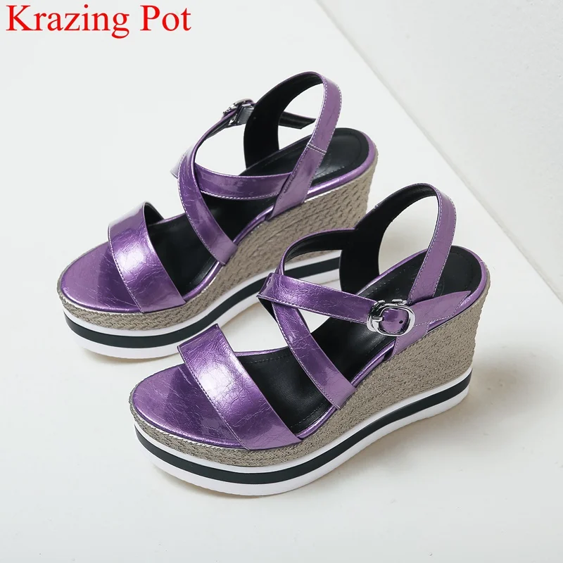 

superstar peep toe wedges super high women sandals patent leather sweet office lady brand buckle platform summer shoes L6f2